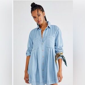 Free People Light Blue Denim Button-Front Mini Dress
